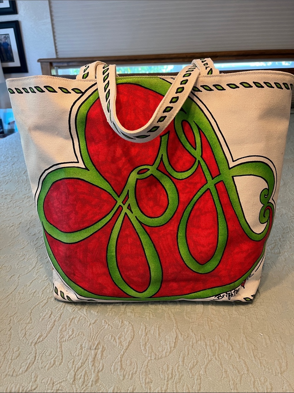 Brighton Canvas Joy Heart Tote Bag with Red & Green Design